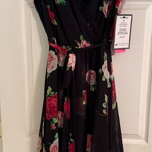 Floral Black Dress with Red and Green Accents